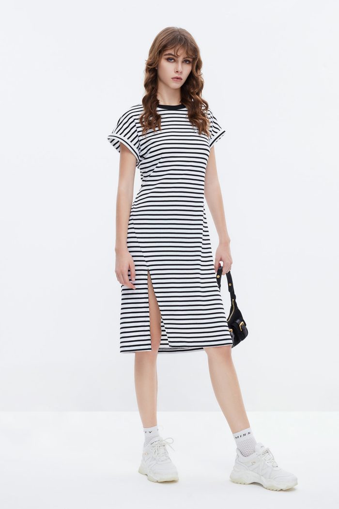 Cotton Contrast Stripe Slit Dress - immagine 2